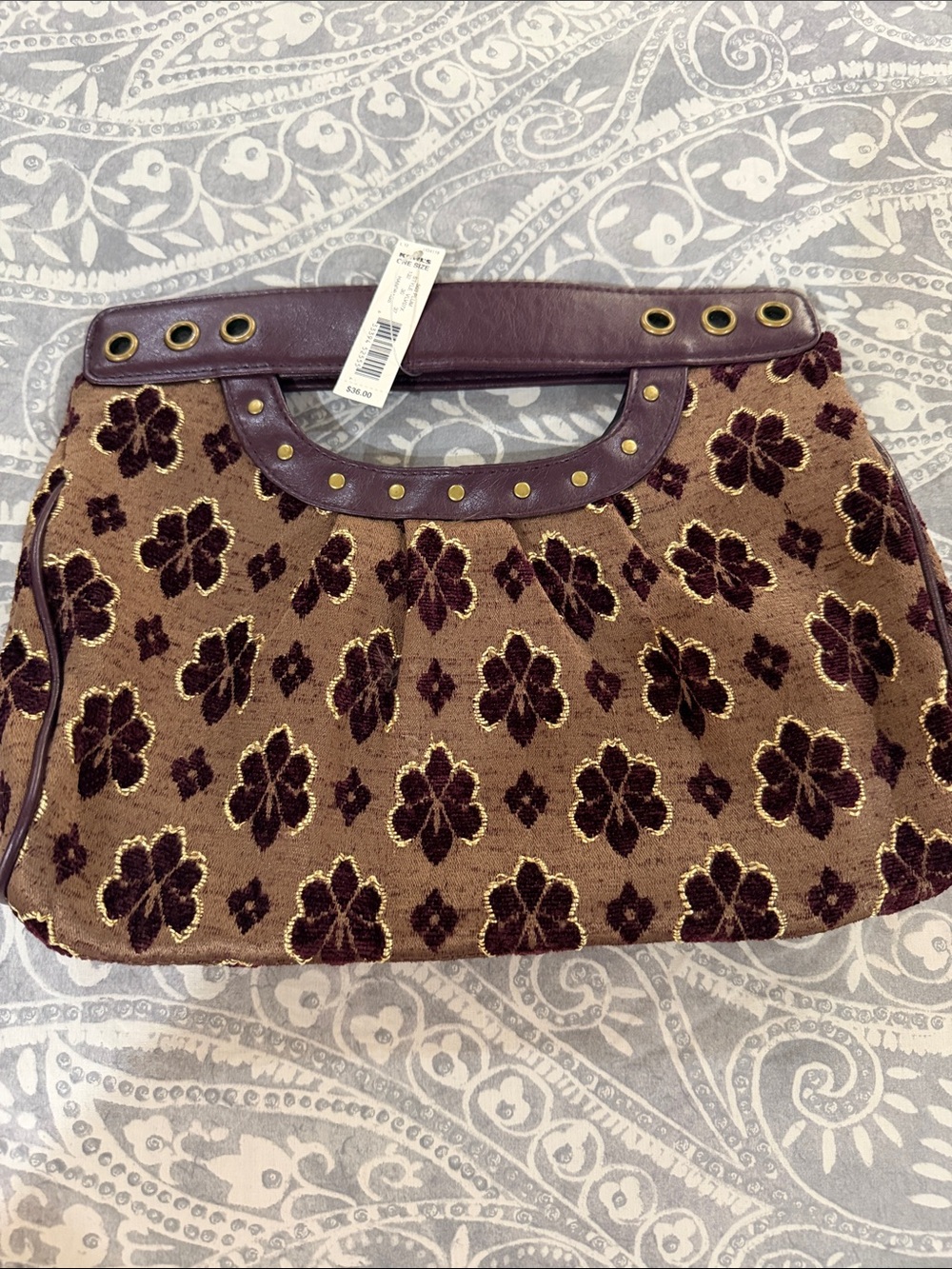 Brown/Bronze with Dark Maroon Floral Velvet Accents Clutch